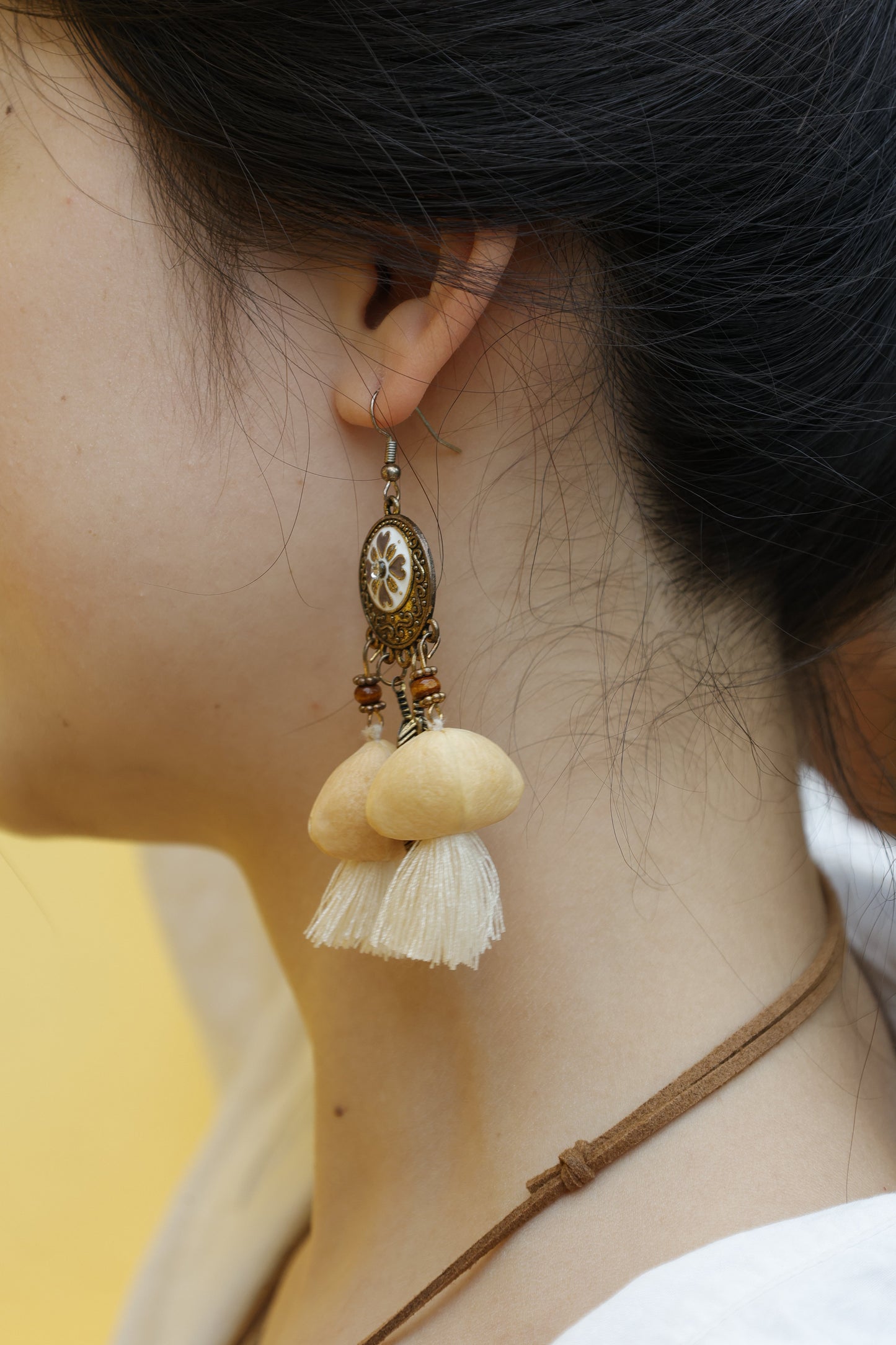 "The Vintage Blossom" - Antique Style Floral Earrings with Natural Seeds & Tassels