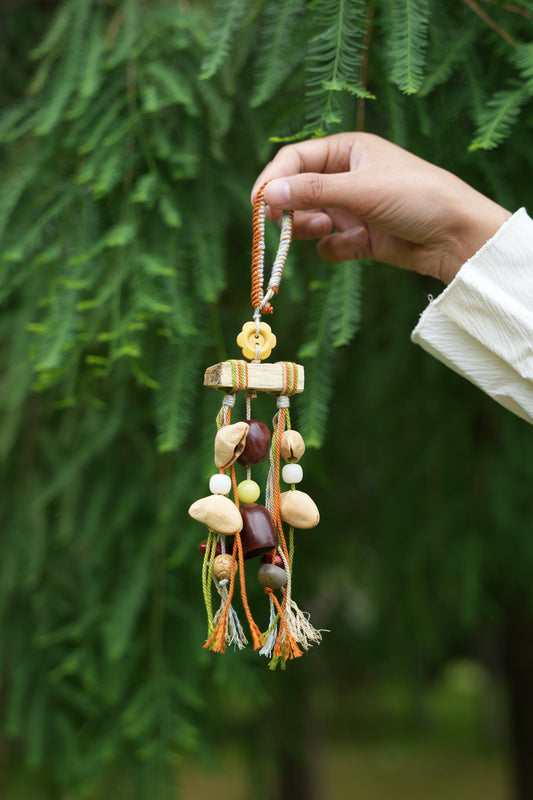 "The Autumn Mobile" - Wood Branch Charm with Flower Button & Fringe Tassels