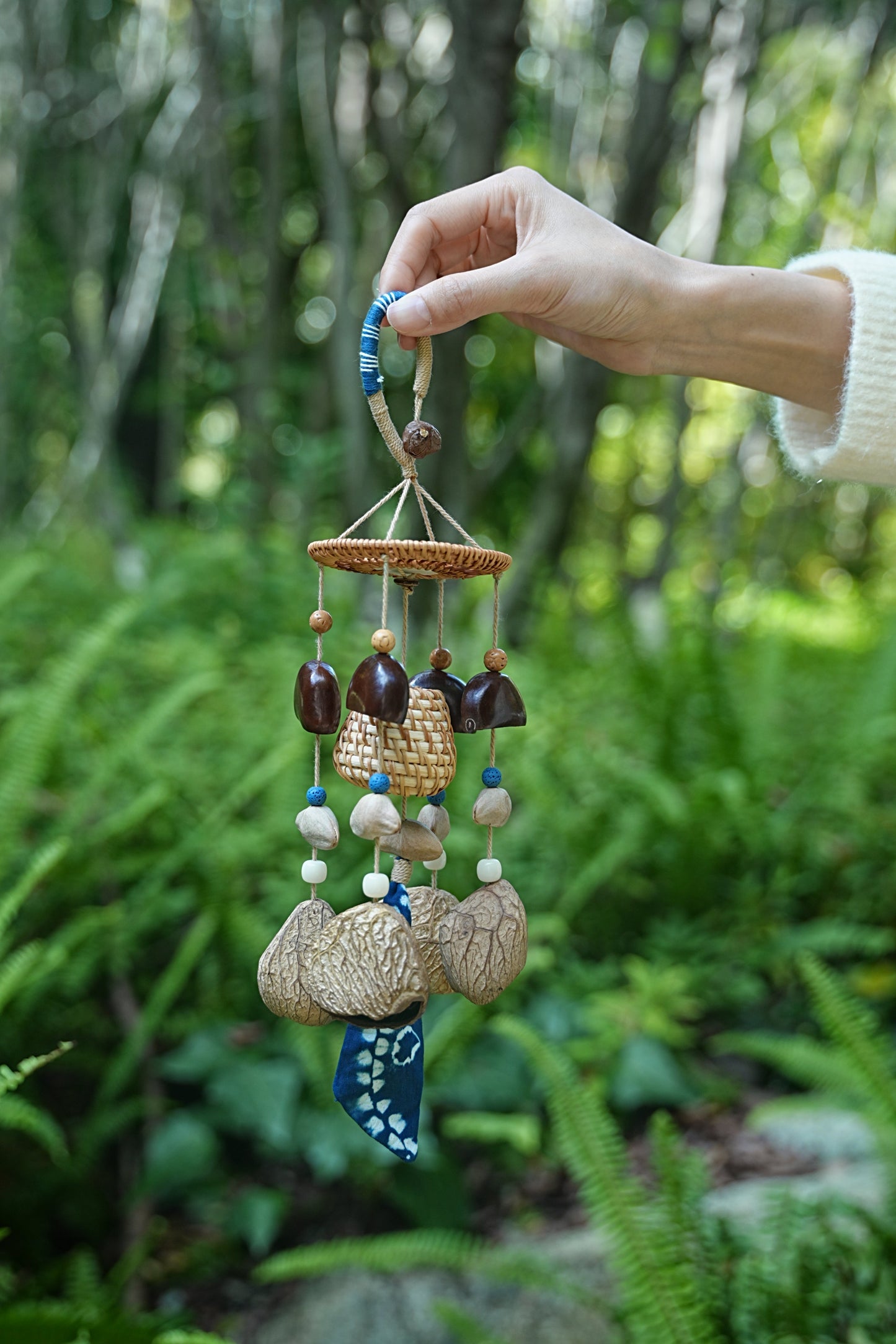 "The Indigo Harvest" - Rattan Basket & Shibori Fabric Seed Wind Chime