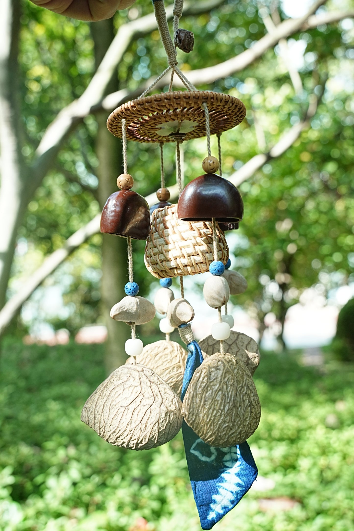 "The Indigo Harvest" - Rattan Basket & Shibori Fabric Seed Wind Chime