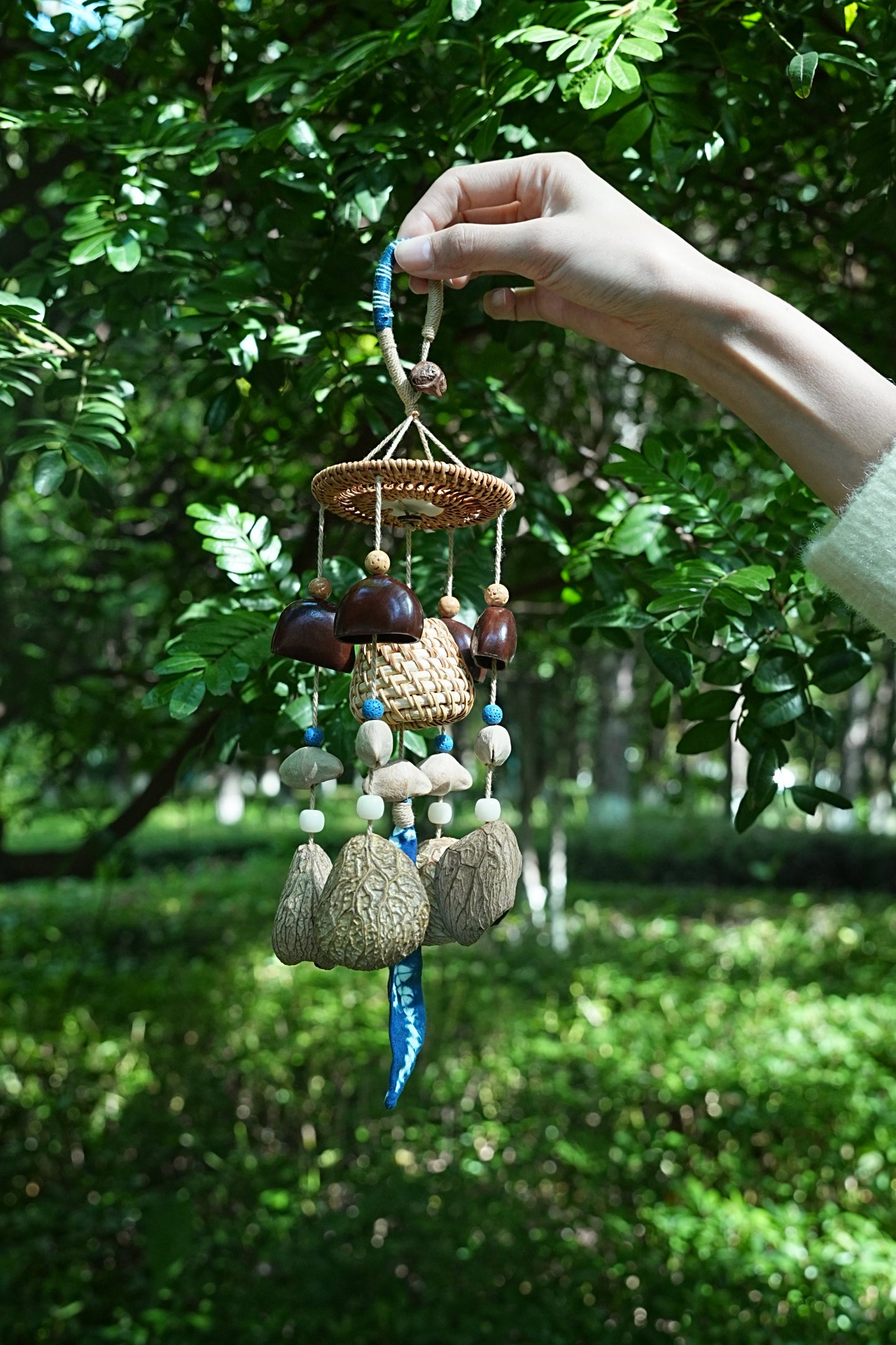 "The Indigo Harvest" - Rattan Basket & Shibori Fabric Seed Wind Chime