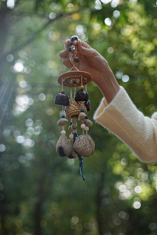 "The Indigo Harvest" - Rattan Basket & Shibori Fabric Seed Wind Chime