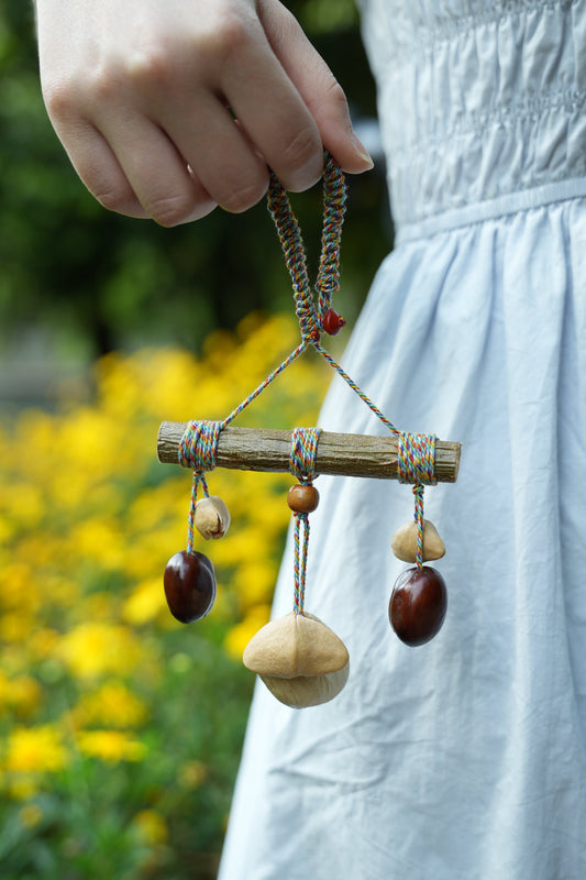 "The Rainbow Branch" - Natural Wood Mobile Charm with Colorful Thread & Seed Bells