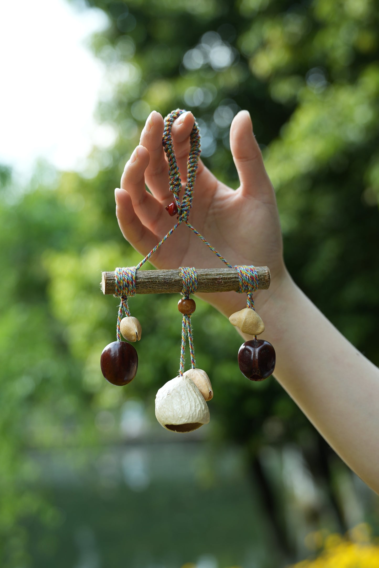 "The Rainbow Branch" - Natural Wood Mobile Charm with Colorful Thread & Seed Bells