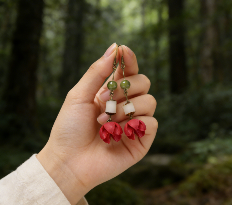 "The Forest Harmony" - Natural Seed & Red Bead Zen Drop Earrings