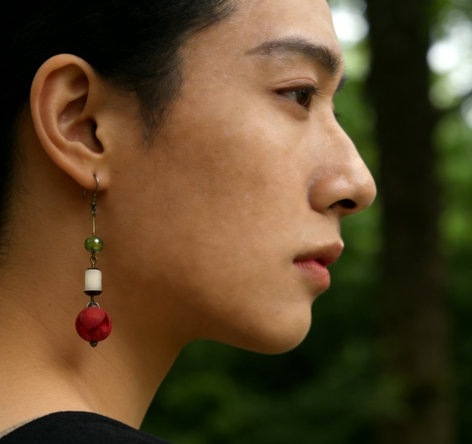 "The Forest Harmony" - Natural Seed & Red Bead Zen Drop Earrings