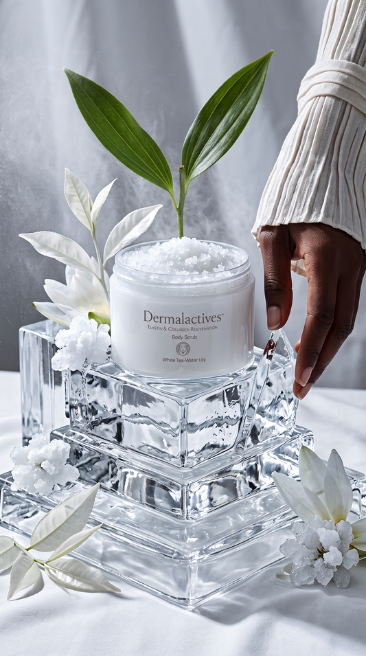 Dermalactives Elastin and Collagen Rejuvenation Body Scrub. White Tea and Water Lily
